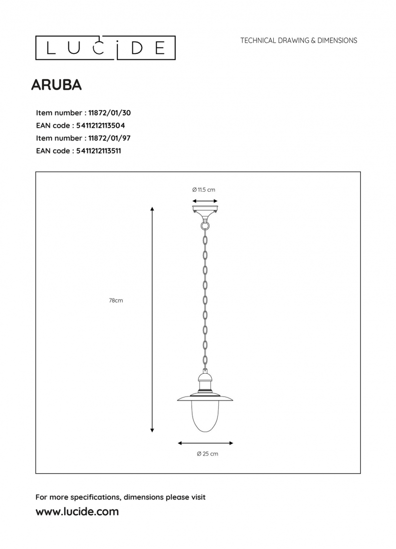 Lucide 11872/01/30 ARUBA závesné vonkajšie svietidlo