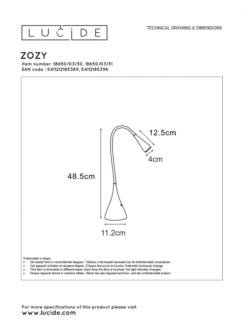 Lucide 18650/03/31 ZOZY stolová dotyková lampa