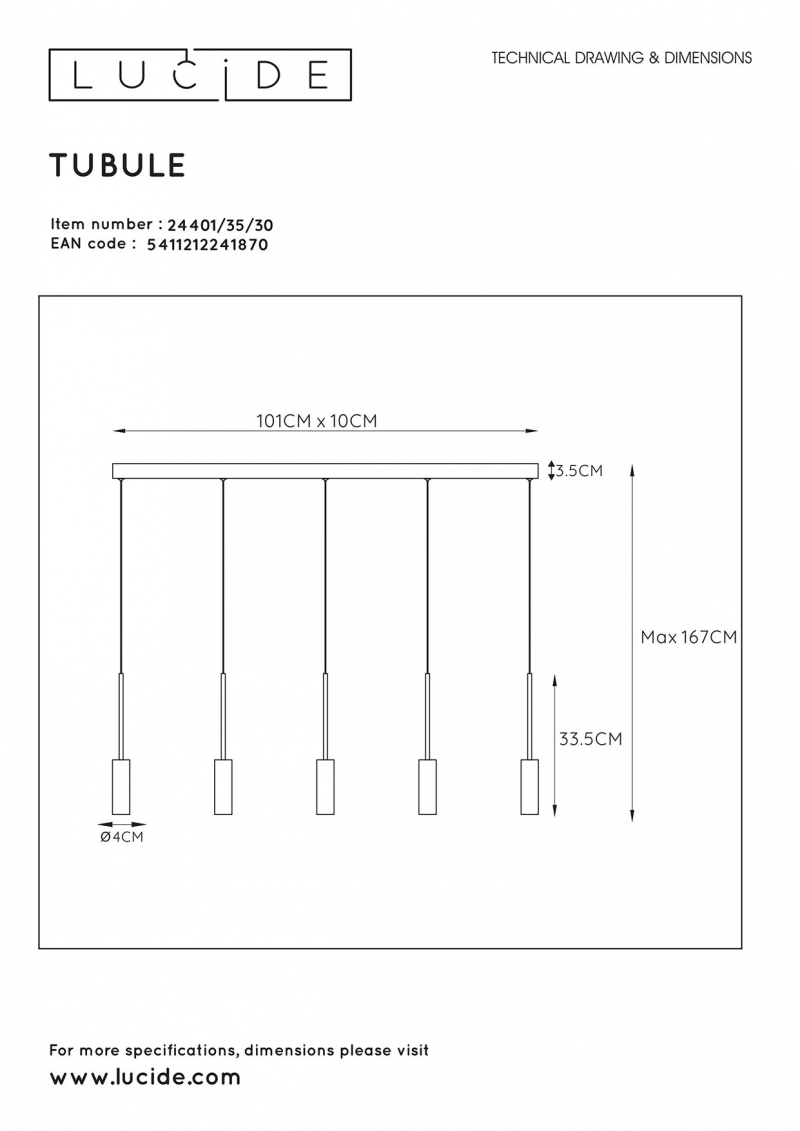 Lucide 24401/35/30 TUBULE závesné svietidlo