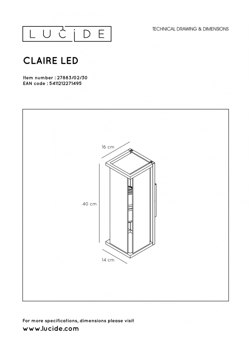 Lucide 27883/02/30 CLAIRE nástenné vonkajšie svietidlo