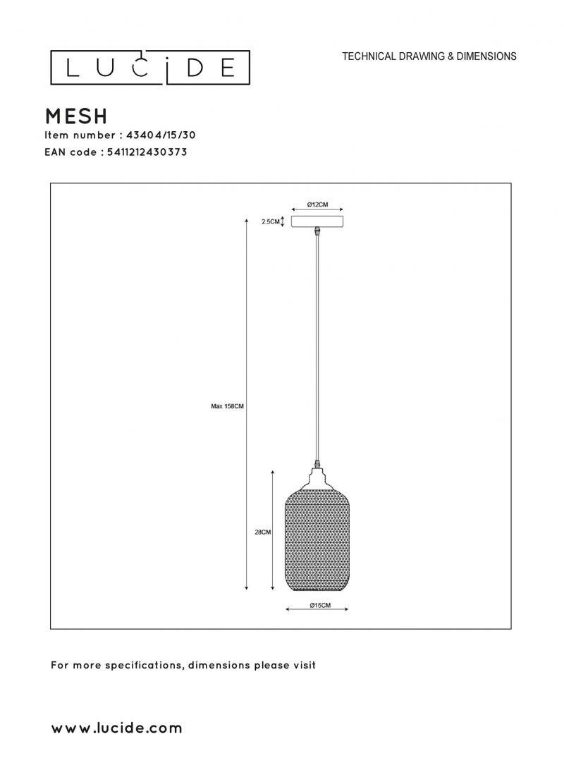 Lucide 43404/15/30 MESH závesné svietidlo