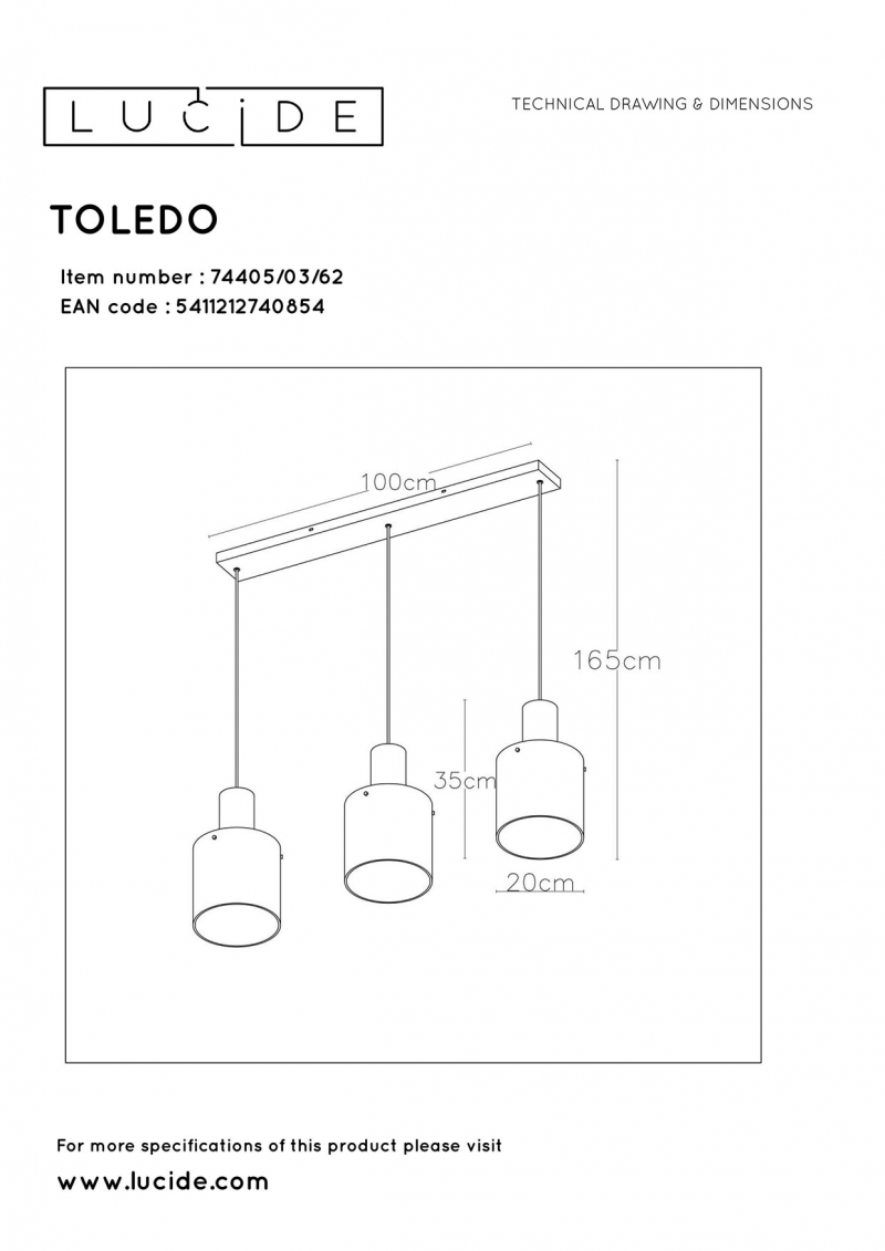 Lucide 74405/03/62 TOLEDO závesné svietidlo
